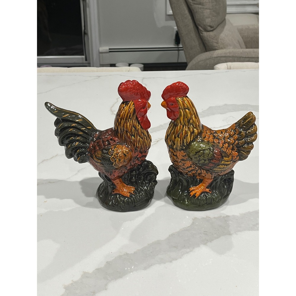 Y2K Vintage Ceramic Rooster and Hen Figurine Set Farmhouse Decor 8.5 Inch